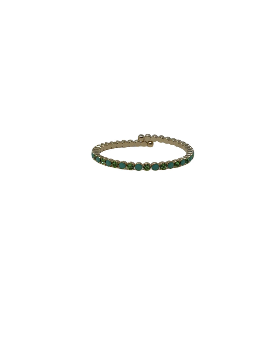 Gold-tone crystal stretch cuff bracelet with alternating green and turquoise round stones.
