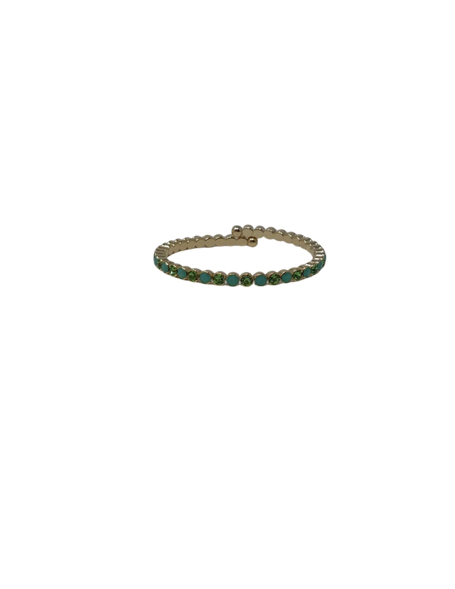 Gold-tone crystal stretch cuff bracelet with alternating green and turquoise round stones.