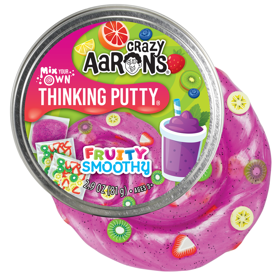 Fruity Smoothy Thinking Putt with colorful fruit-patterned head on a white base.