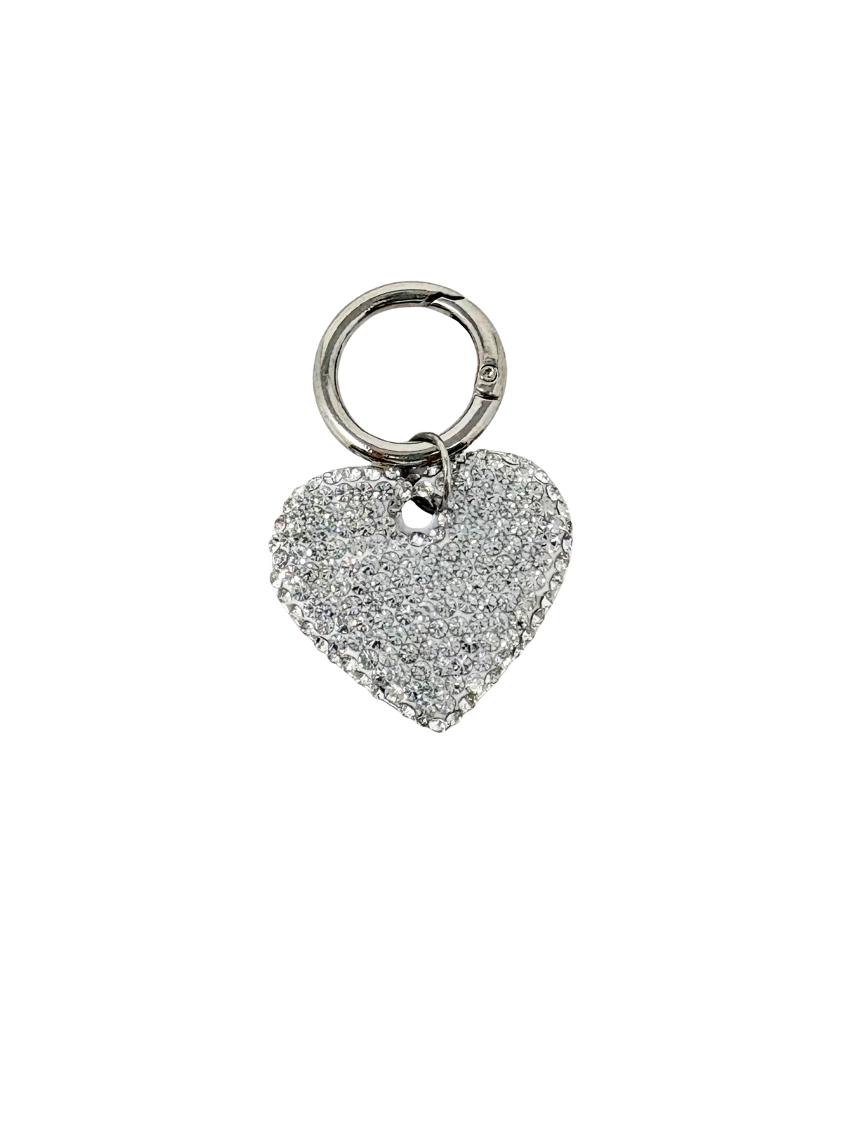 Heart-shaped silver dog tag covered in shimmering rhinestones with a circular metal clasp.