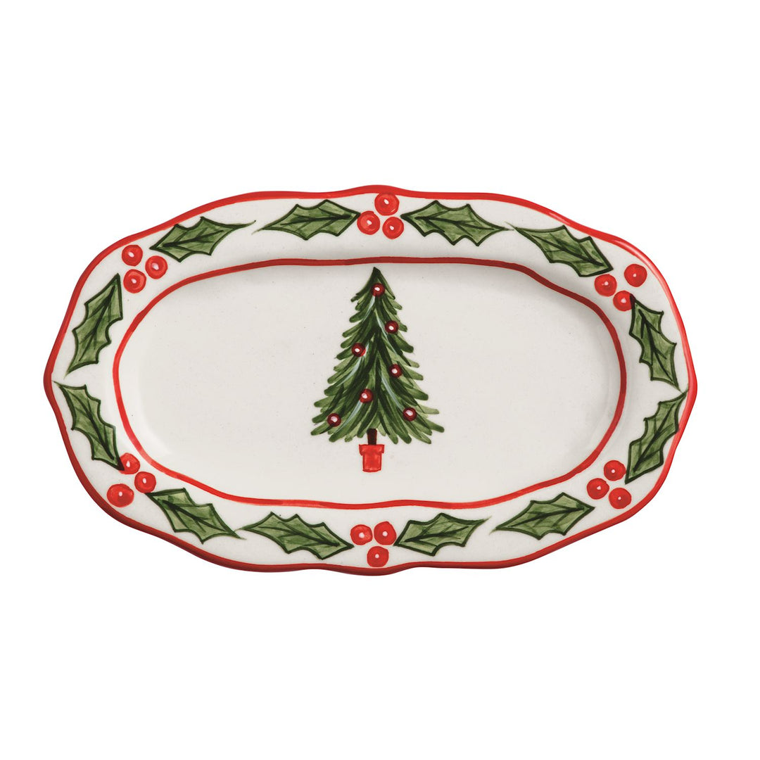 Oval ceramic Holly Everything Plate with a hand-painted Christmas tree and holly berry border.