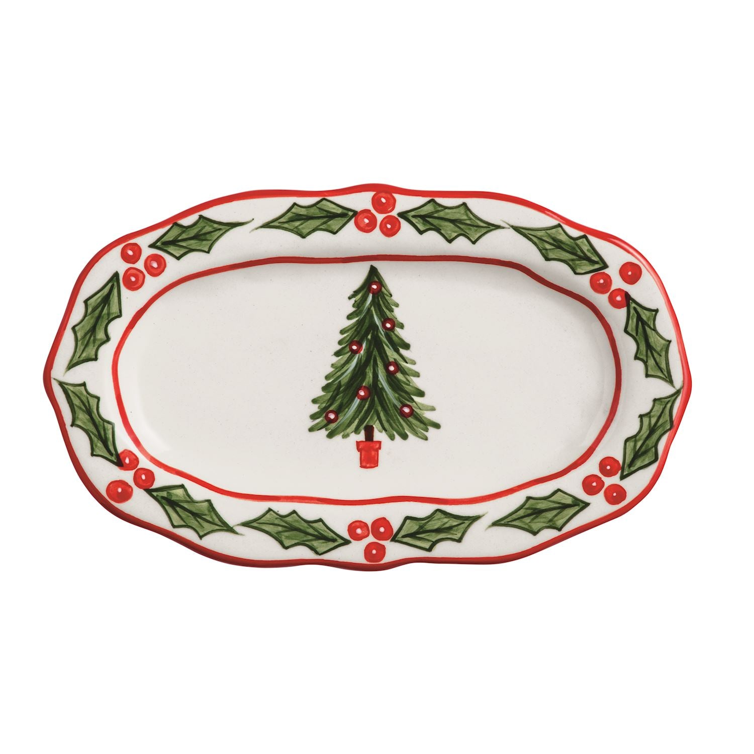 Oval ceramic Holly Everything Plate with a hand-painted Christmas tree and holly berry border.