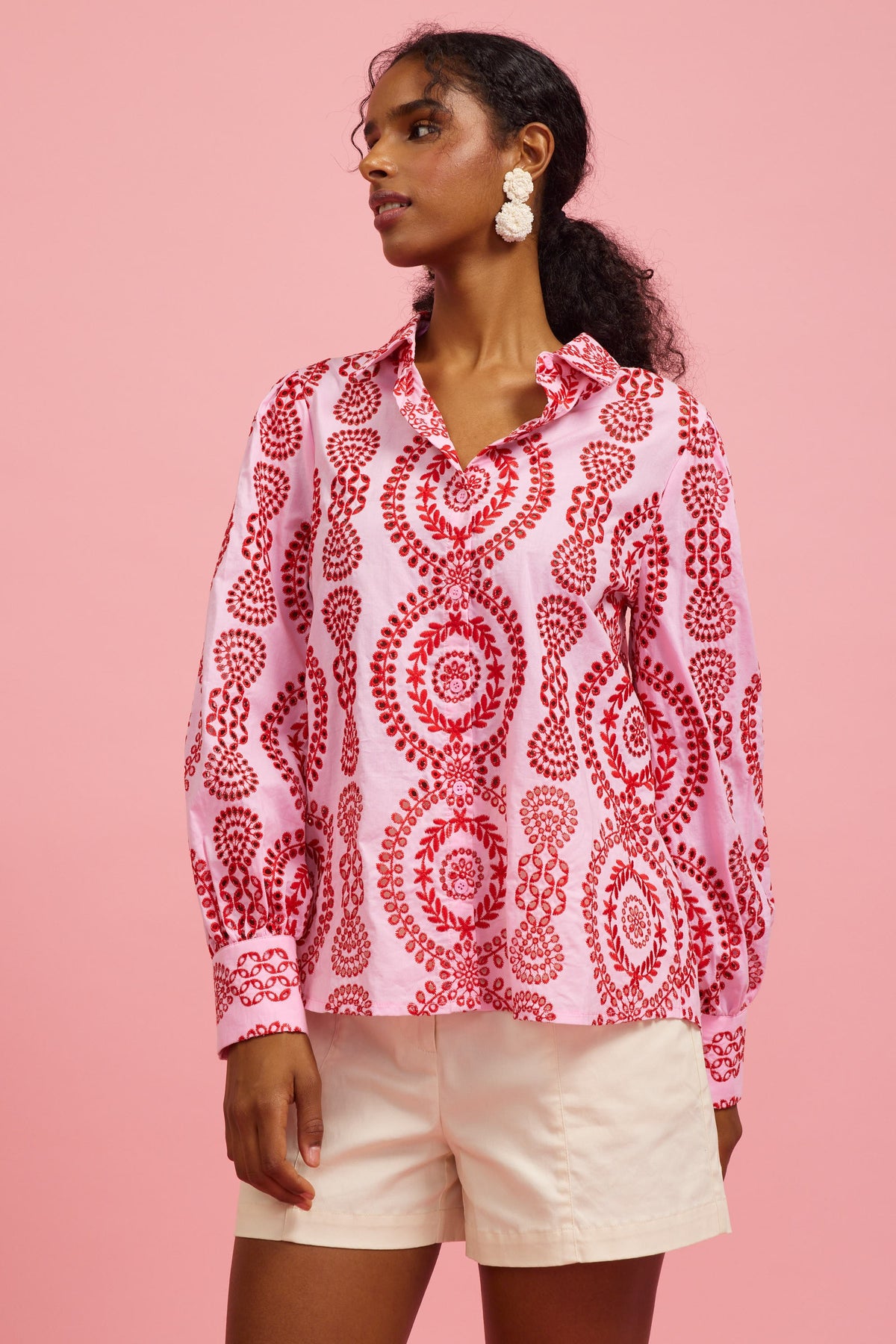 Naomi eyelet embroidered long-sleeve button-down shirt in white cotton with a classic fit.