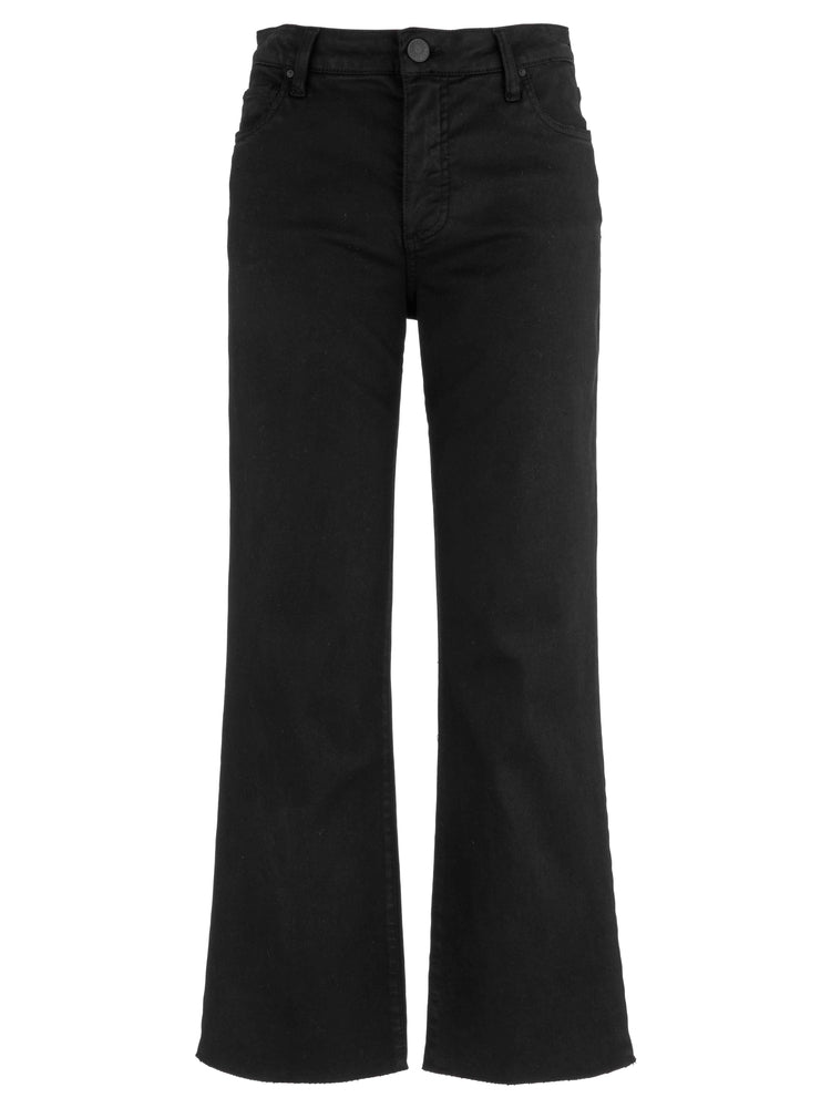 Kelsey high-rise black flare jeans with a raw hem and classic five-pocket styling.