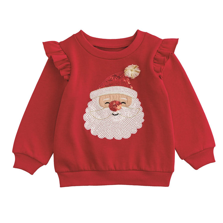 Mary Santa sequin sweatshirt in red with white snowflake pattern.