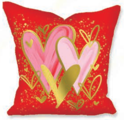 Square decorative pillow featuring gold foil splatter hearts on a dark background.