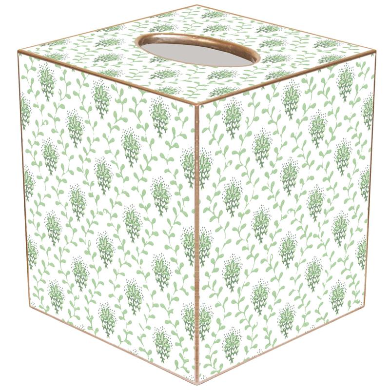 Hand-cut paper mache tissue box cover with gold-painted edges.