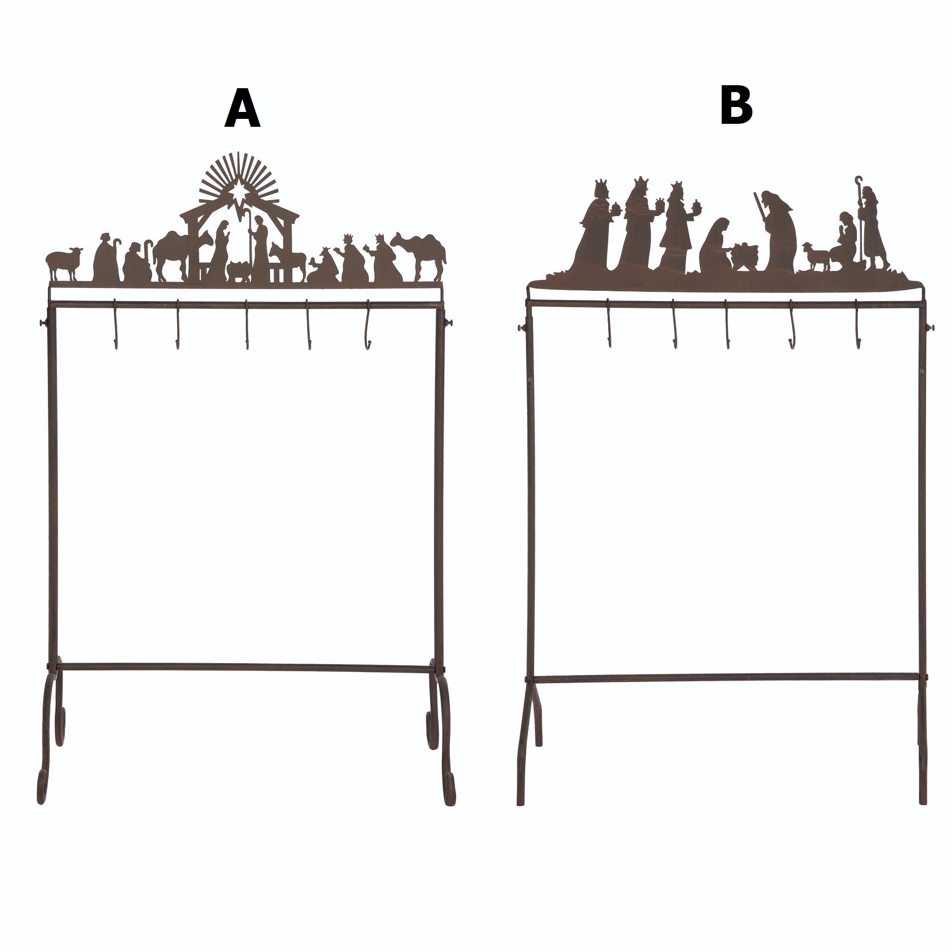 Metal nativity stocking holder featuring a creche scene with figures in silver finish.