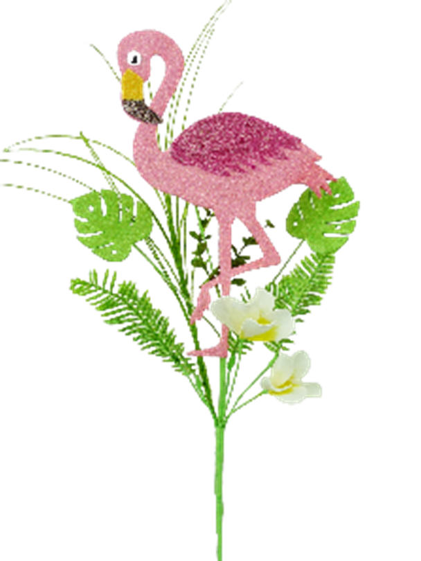 Pink glitter flamingo pick with green leaves and white flowers, 28 inches tall.