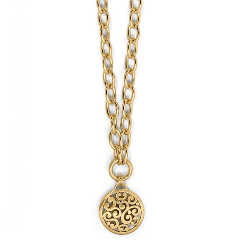 Gold plated Contempo Medallion Charm Necklace with an intricate scrollwork circular pendant.