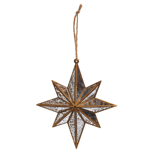 5.5-inch distressed gold mirrored star ornament with eight points and a jute hanging string.