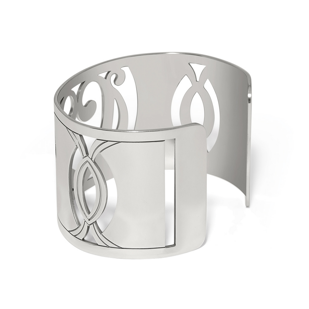 Silver-plated Fashionista One Love Scarf Cuff with wide band and decorative cutouts.