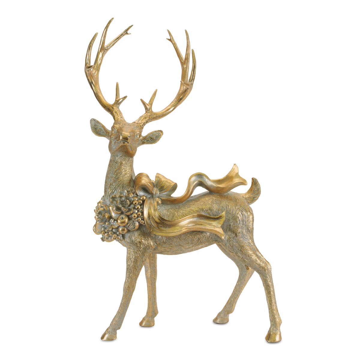 Standing gold resin deer figurine with large antlers and a decorative bow around its neck.