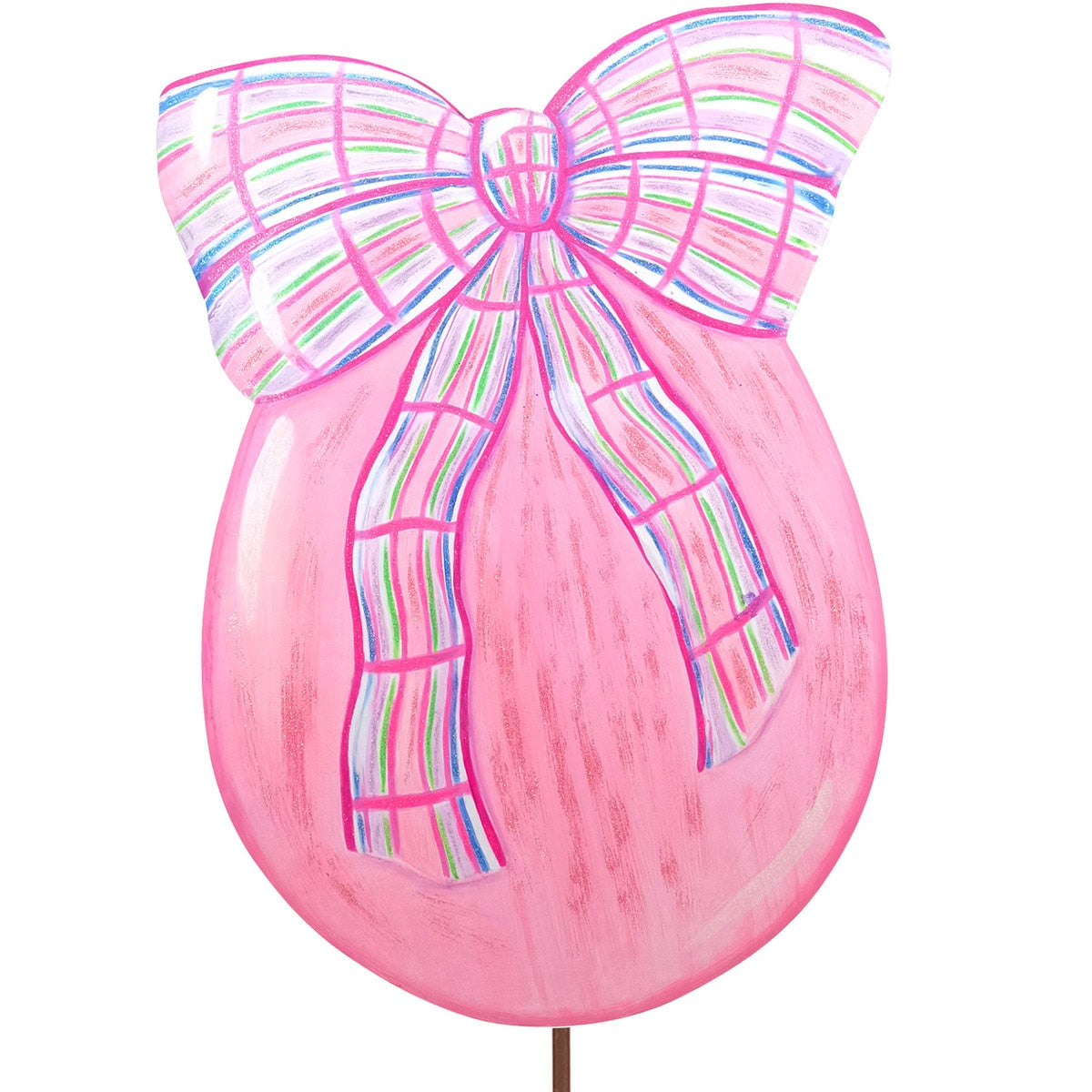 Pink egg-shaped yard stake with plaid ribbon bow on top