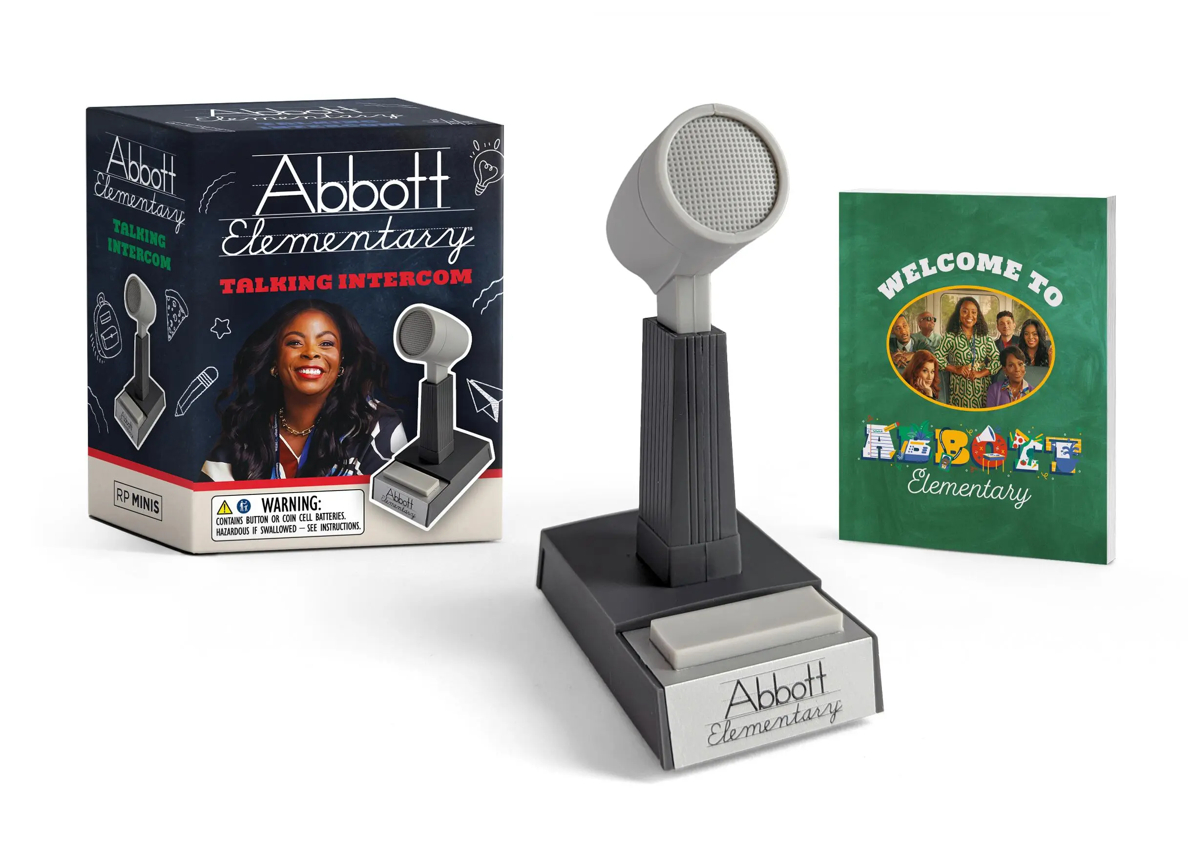 Abbott Elementary Talking Intercom mini replica with box and 32-page staff profile book.