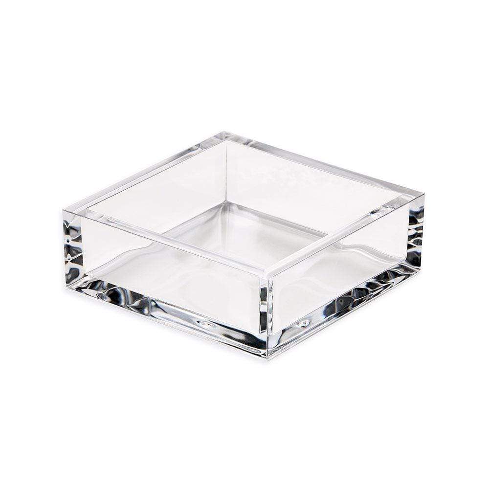 Clear acrylic square cocktail napkin holder with a simple open-top design.