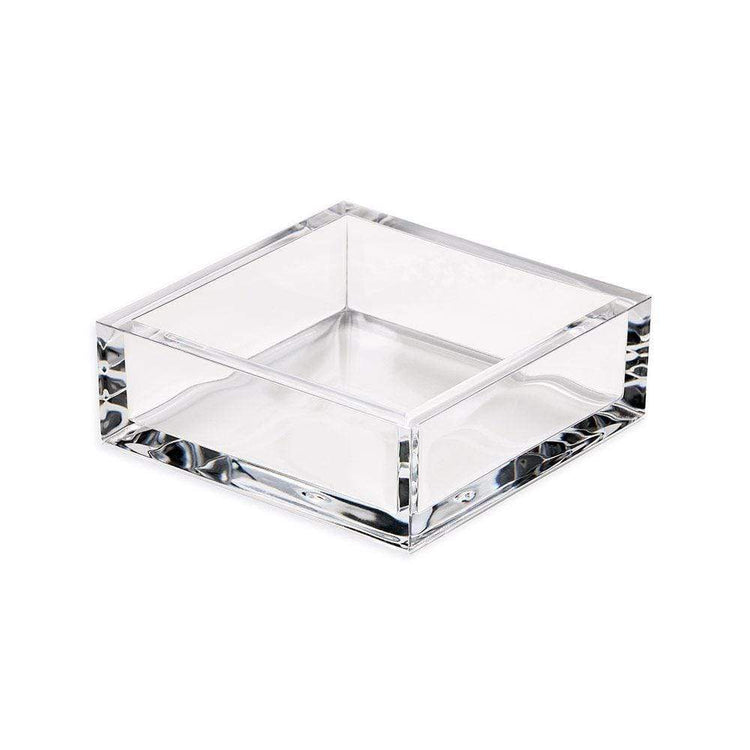 Clear acrylic square cocktail napkin holder with a simple open-top design.