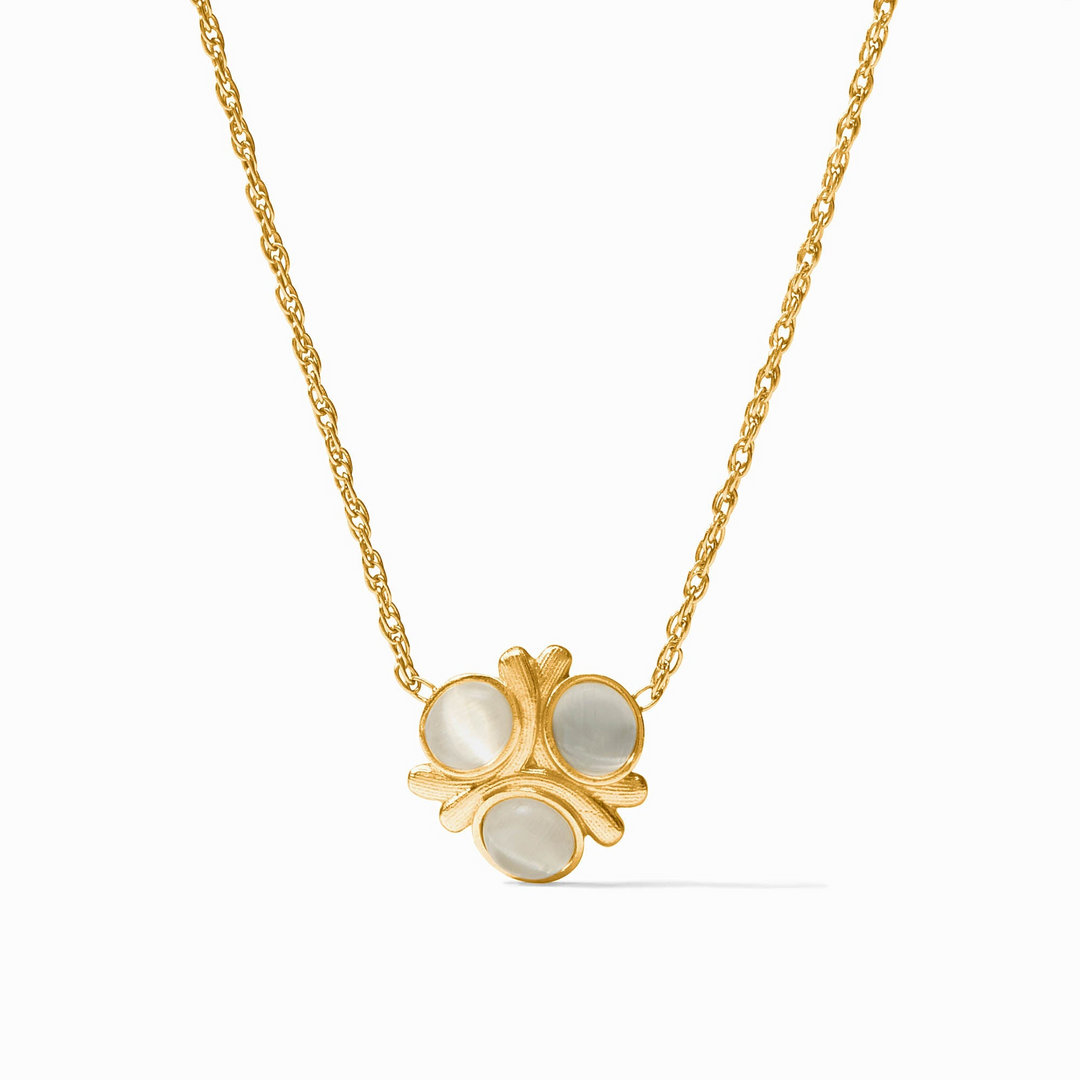 Gold chain necklace with a three-stone cobblestone pendant featuring iridescent white glass.