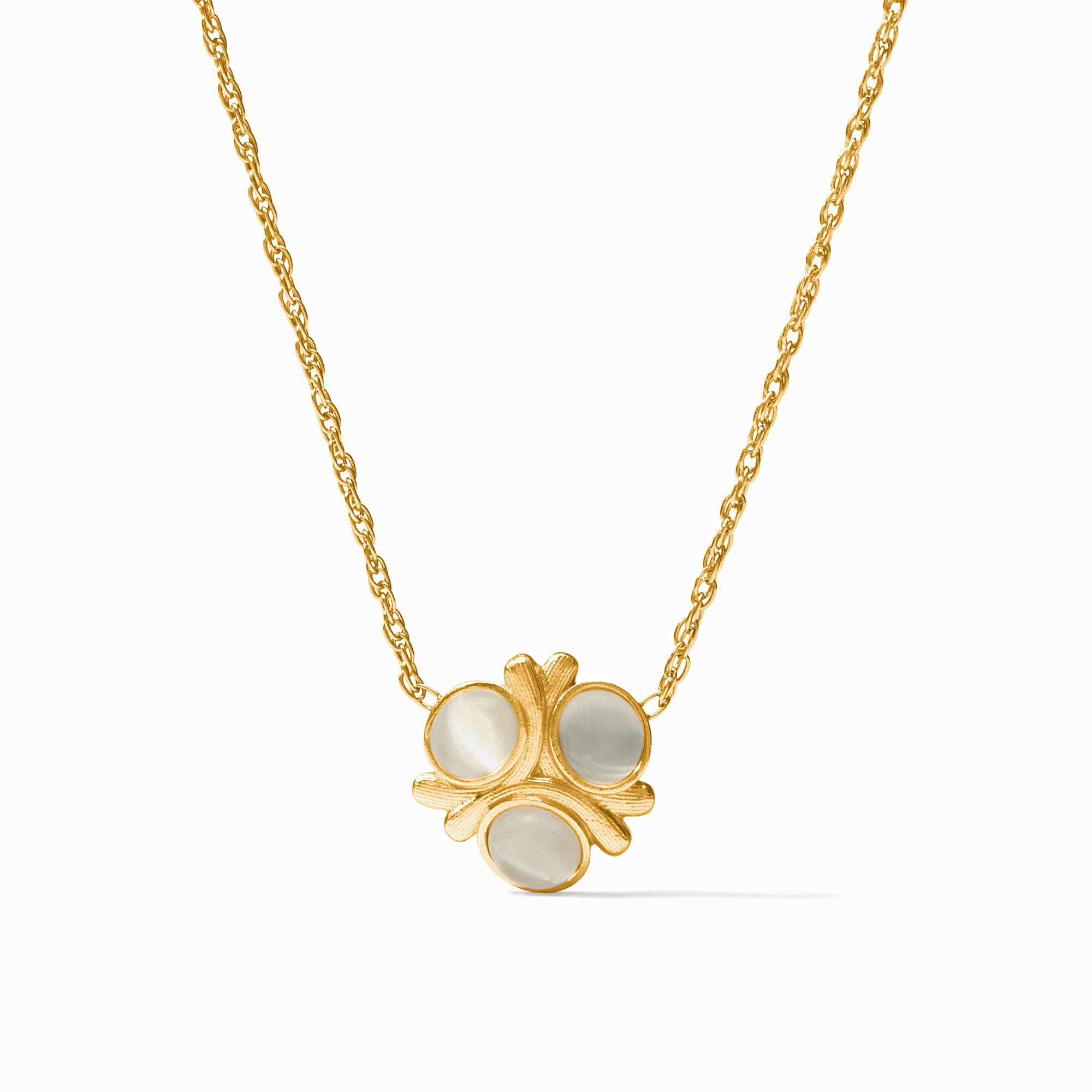 Gold chain necklace with a three-stone cobblestone pendant featuring iridescent white glass.