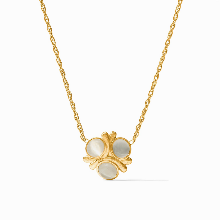 Gold chain necklace with a three-stone cobblestone pendant featuring iridescent white glass.