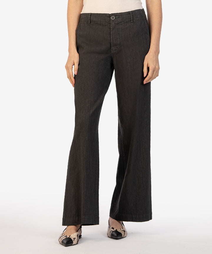 Front view of Meg Linen high rise wide leg pants in natural linen blend with soft fabric and relaxed silhouette.