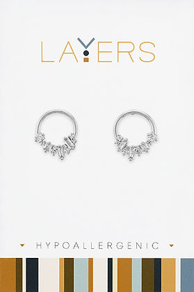 Silver layered hoop stud earrings with crystal cluster detailing