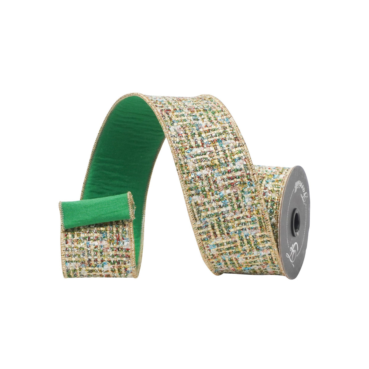 Green tinsel tweed ribbon with a textured woven fabric appearance.