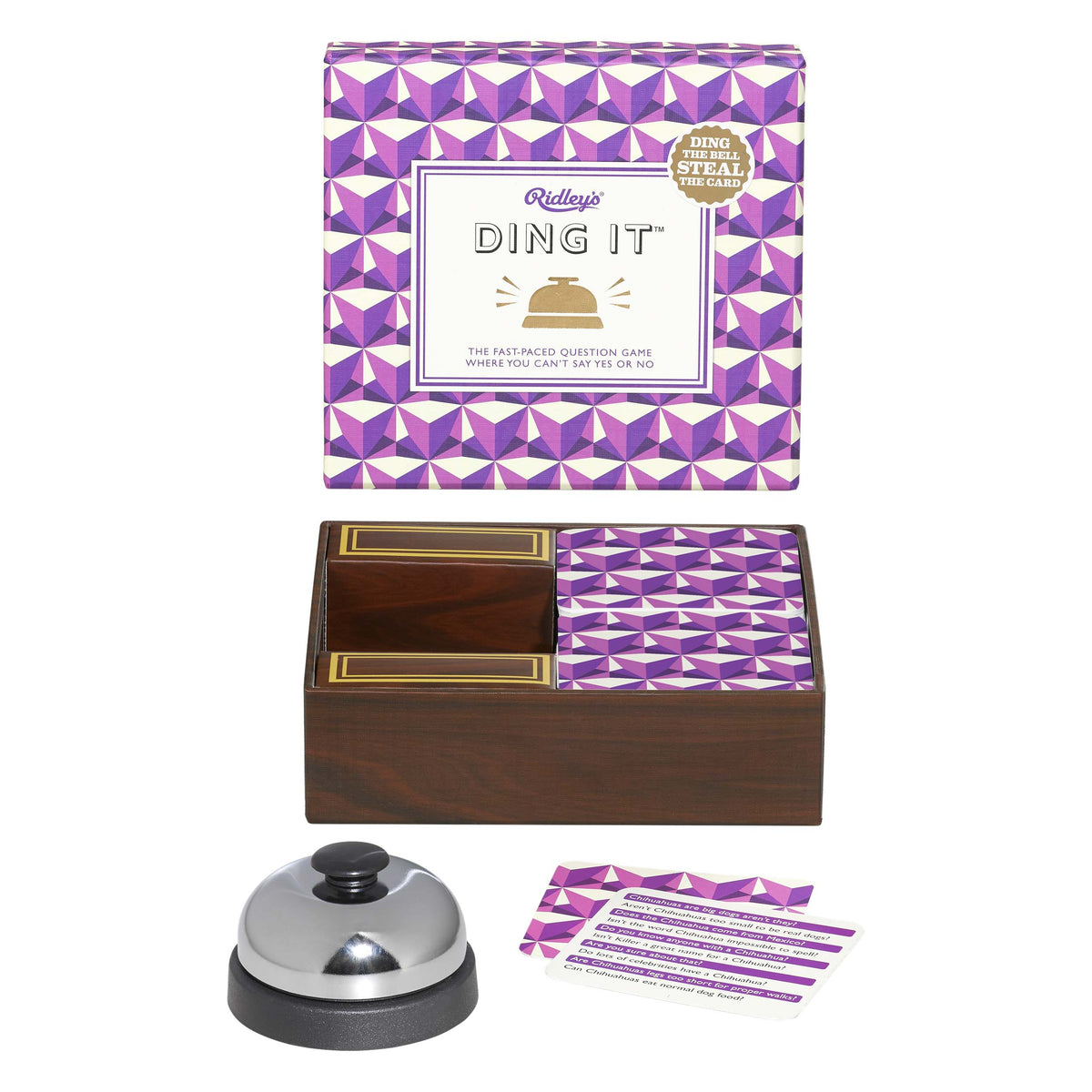 Ding It fast-paced question game with purple patterned box, wooden tray, cards, and silver bell.