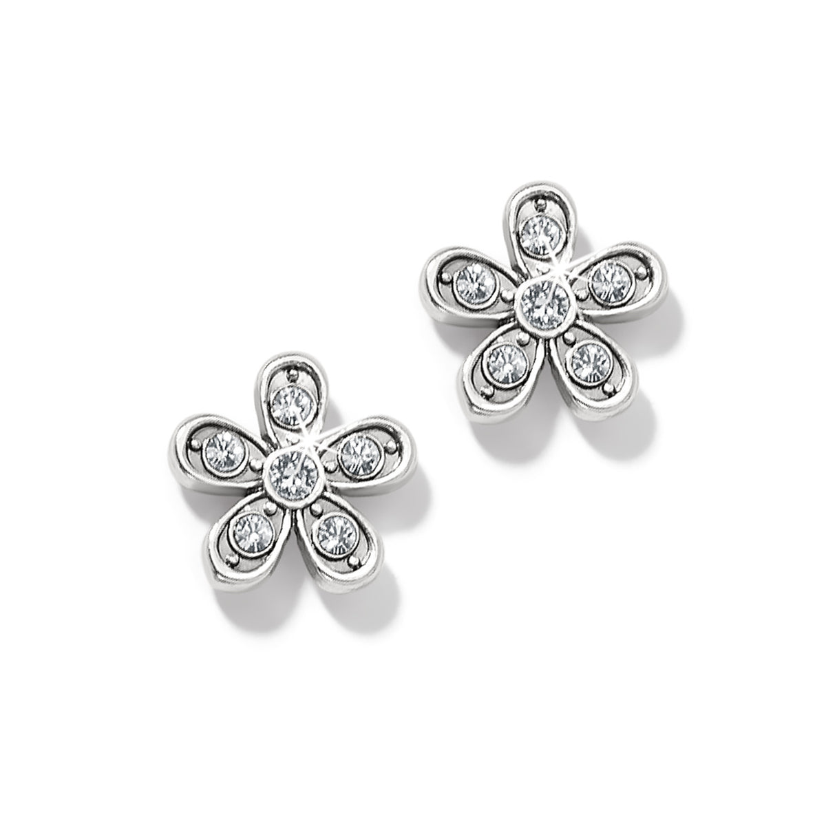 Silver plated post earrings featuring a flat disc back with fine quality crystals in an enchanting flower silhouette.