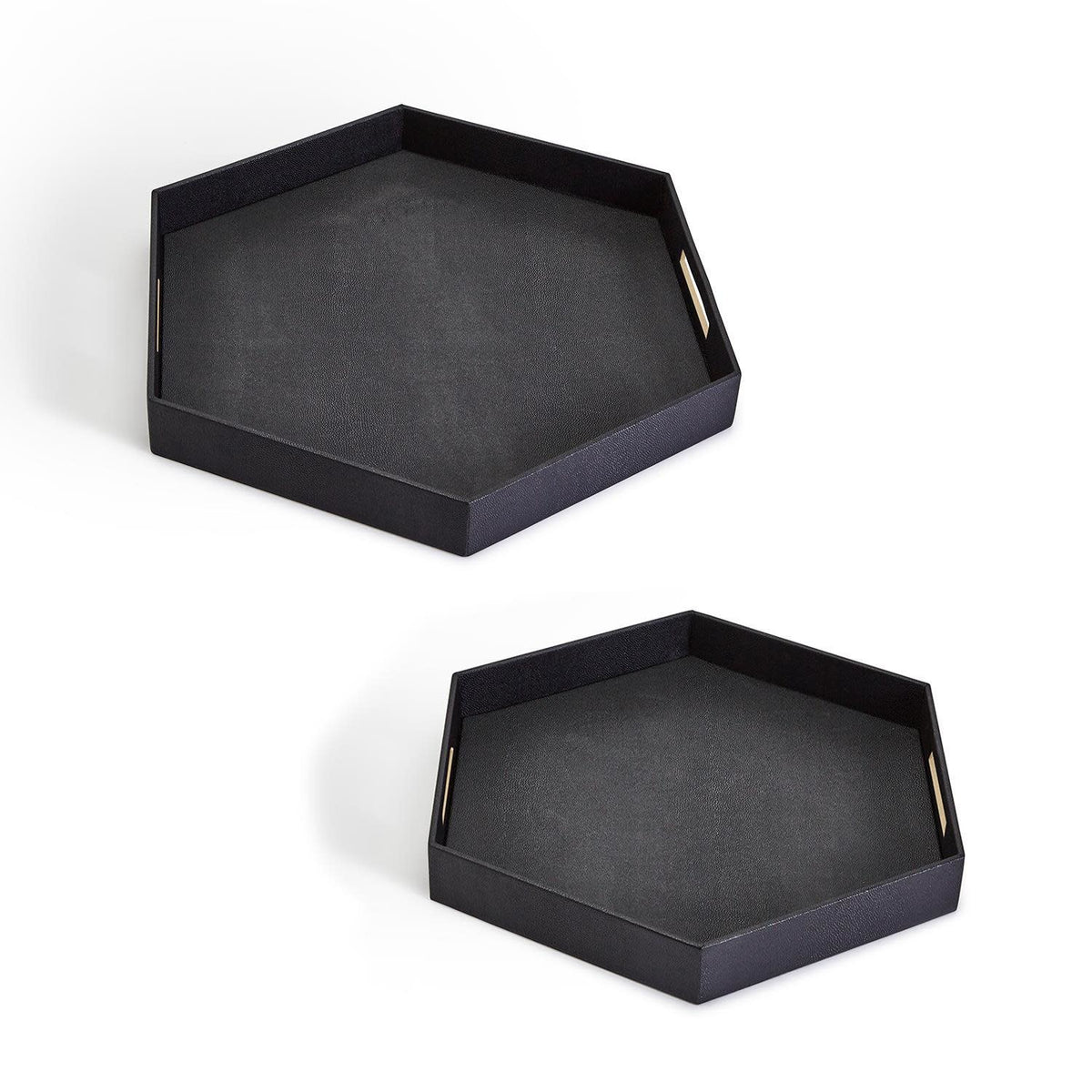 Hexagon black vegan leather stingray serving tray with gold-toned brass handles