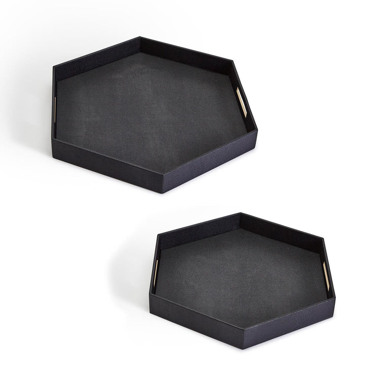 Hexagon black vegan leather stingray serving tray with gold-toned brass handles