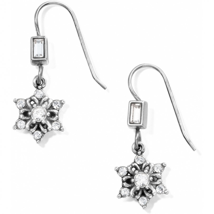 Silver plated French wire earrings with a half-inch width featuring fine quality crystal drops measuring one inch.