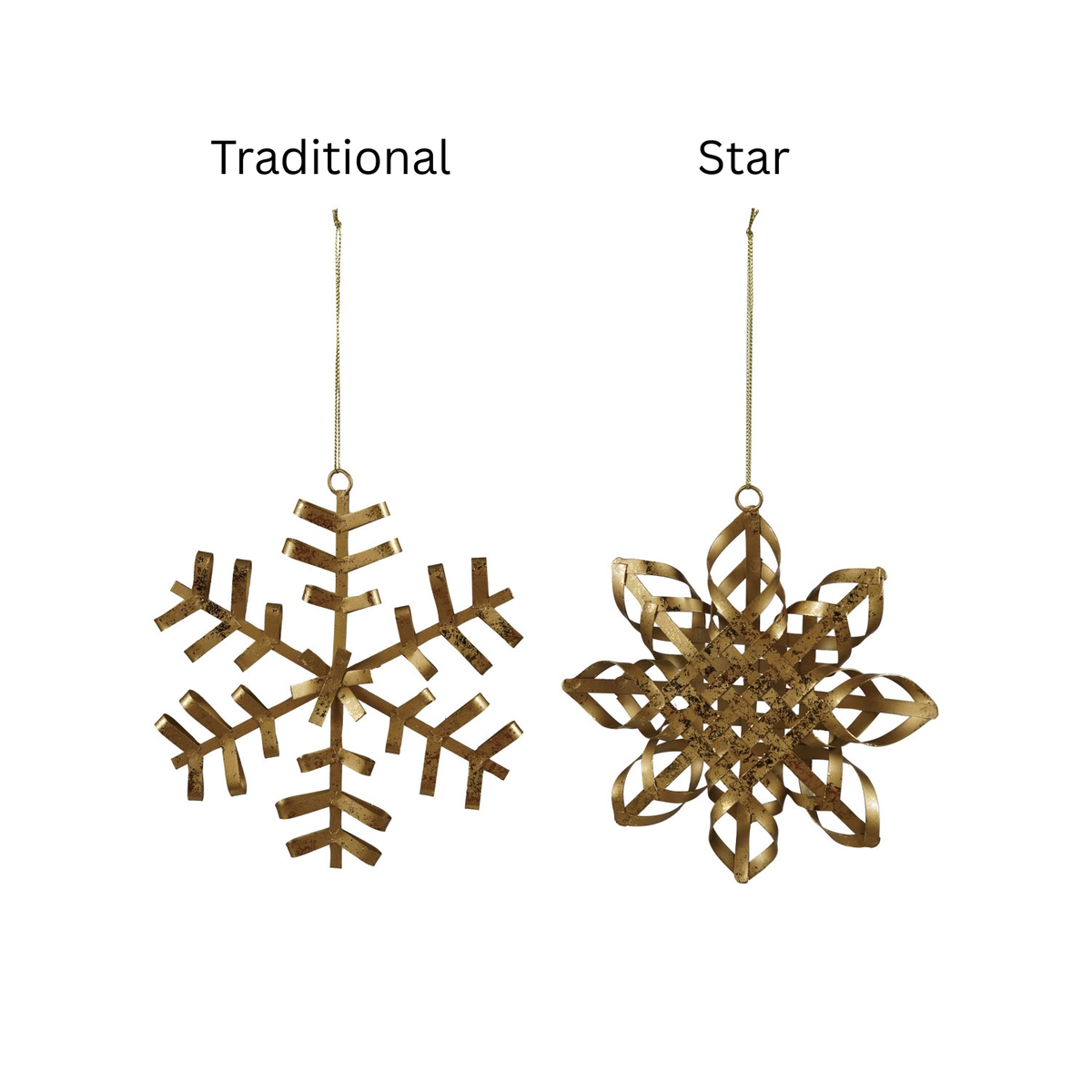Two gold metal snowflake ornaments in traditional and star designs with a distressed finish.