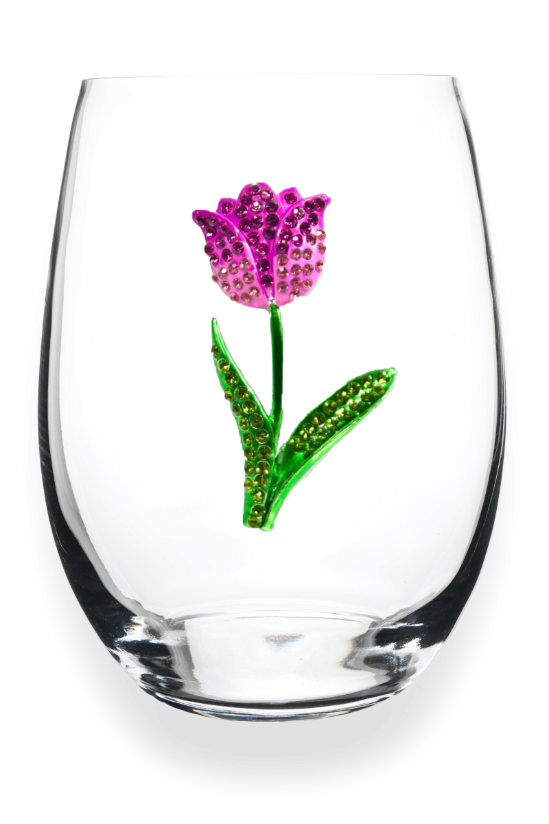 Handcrafted stemless wine glass with jeweled embellishments around the rim in clear crystal.