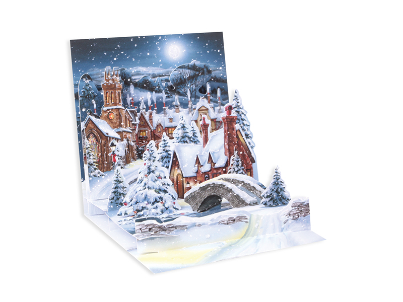 Midnight Village Christmas card with gold foil text on dark background
