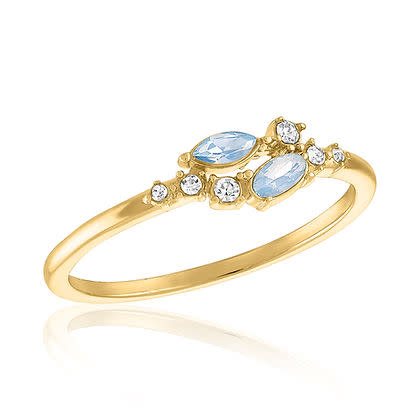 Air Blue Opal and CZ cluster ring with a gold band and marquise-cut light blue stones.