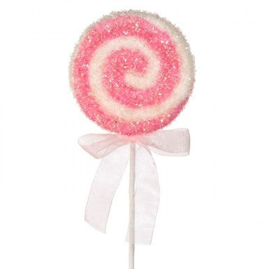 Seventeen-inch red and white candy swirl lollipop ornament with a sparkling bow accent