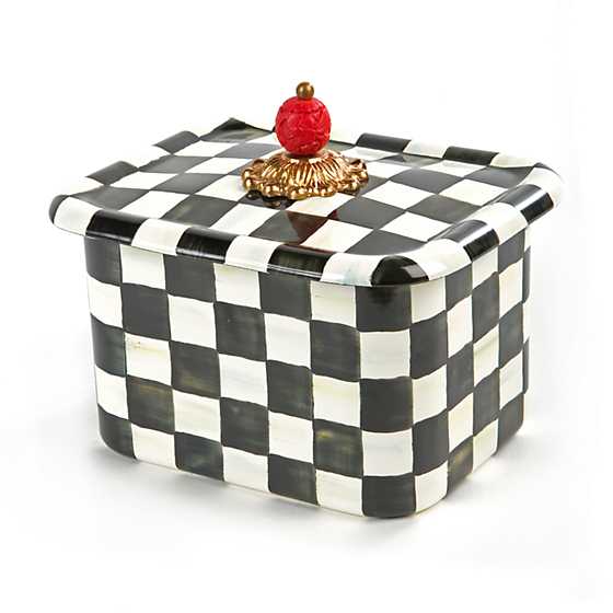 Courtly Check Enamel Recipe Box with hand-painted black and white checks and a red cinnabar knob.