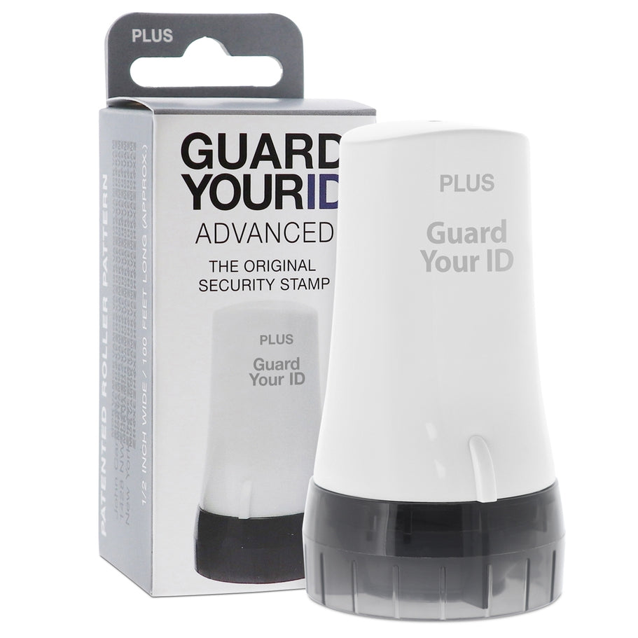 Eco-friendly identity protection roller with a black ink pad designed to cover text lines.