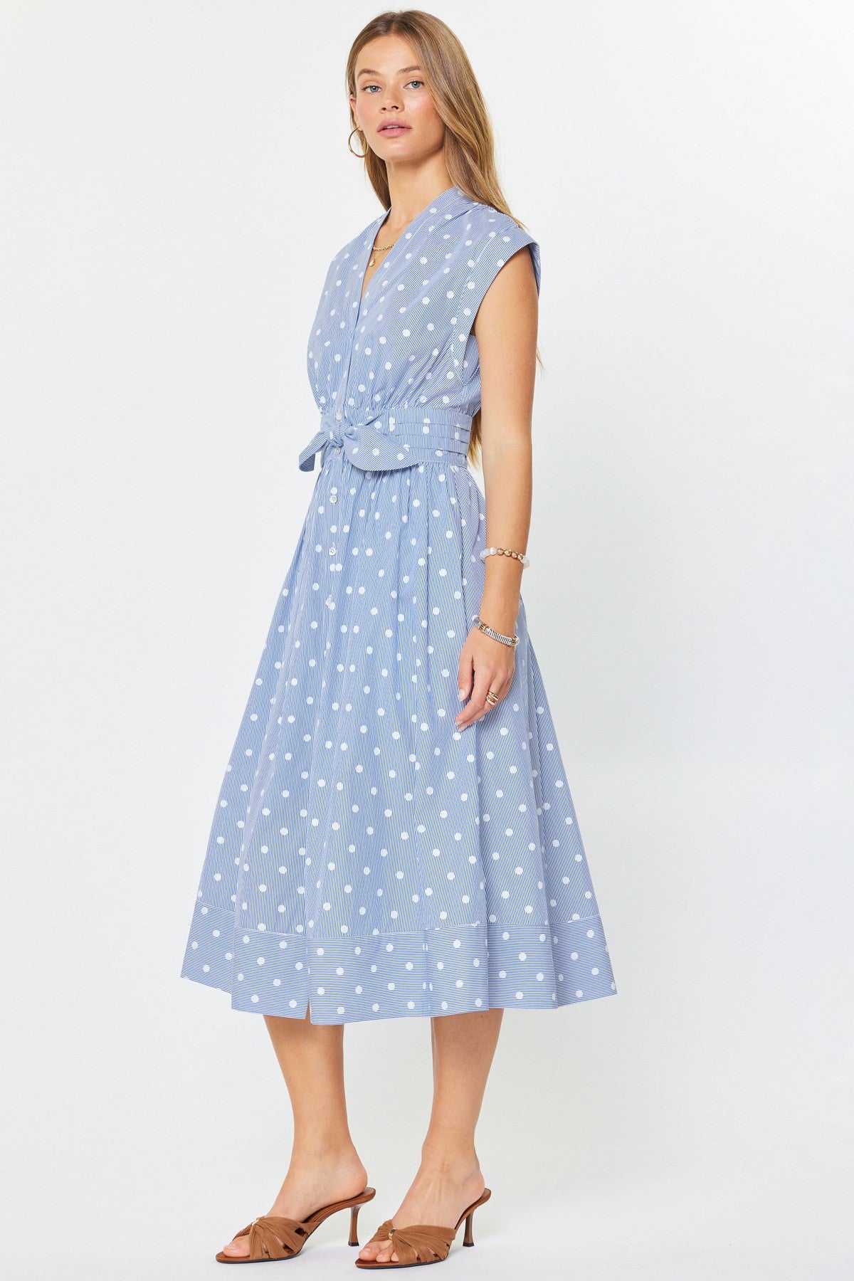 Audrey striped polka dot midi dress with V-neck, short sleeves, tie waist bow, and smocked back.