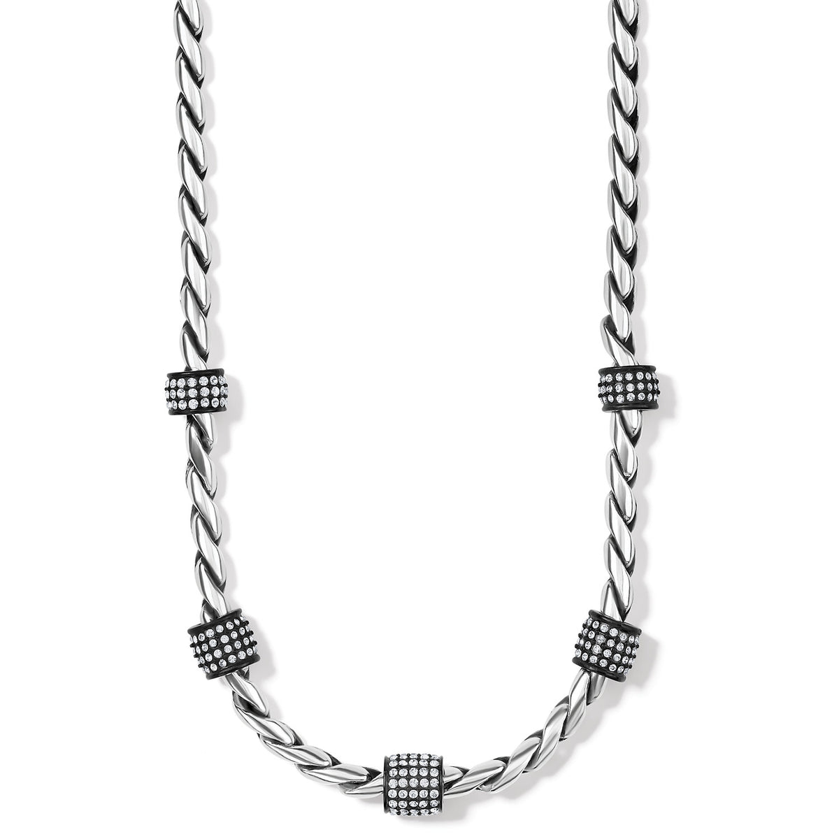 Silver-plated Meridian necklace with twisted chain and five black crystal-encrusted beads.