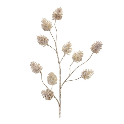 30-inch decorative pine cone spray with glittered champagne-colored cones on a slender stem.