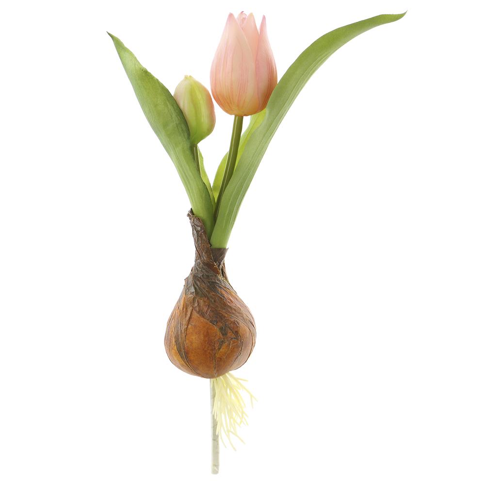 Plastic tulip spray with bulb featuring a wire core structure in natural tones.