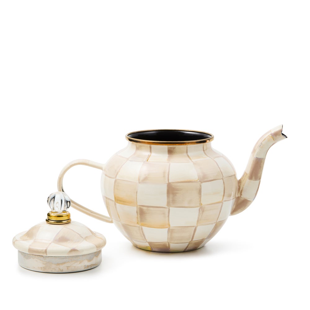 Hand-glazed steel teapot with mocha checkered pattern, bronzed stainless rim, and brass accents.