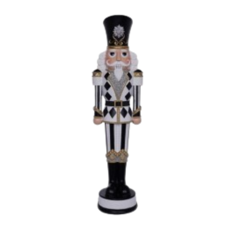 19-inch resin royal nutcracker in a black and white diamond and stripe pattern with gold accents.
