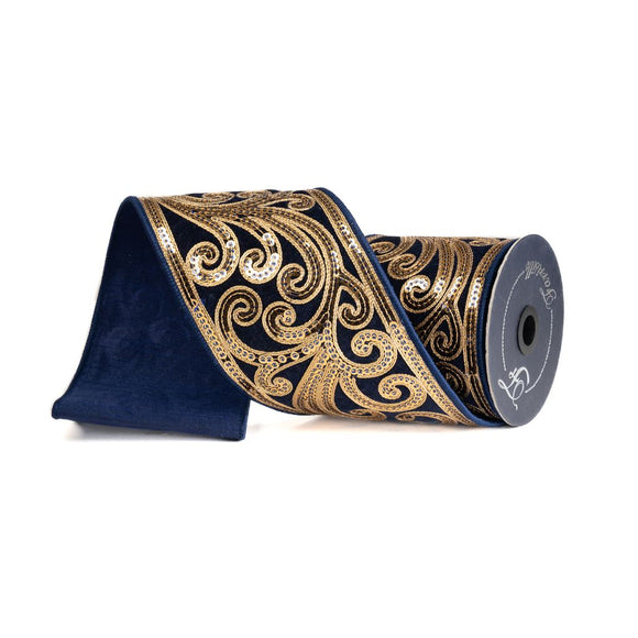 Christmas Scroll ribbon with thick wired edge and secondary fabric structure