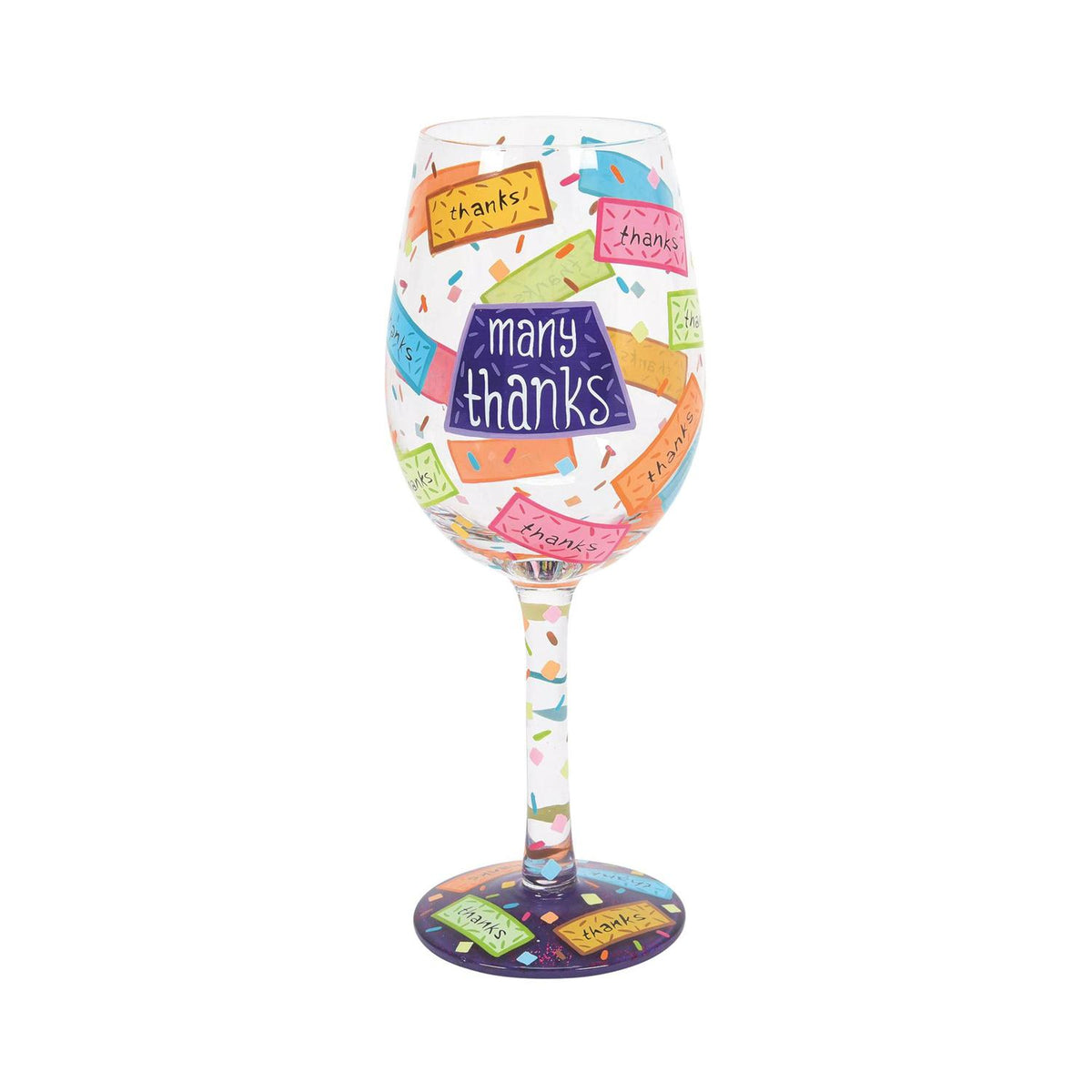 Blown glass wine glass with hand-painted colorful cocktail recipe base and glitter accents