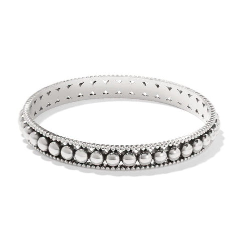 Silver-plated bangle featuring a row of polished beads set within a pierced, textured channel.