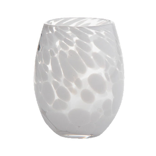 Clear glass stemless wine glass with confetti pattern inside a 4.7-inch tall silhouette.