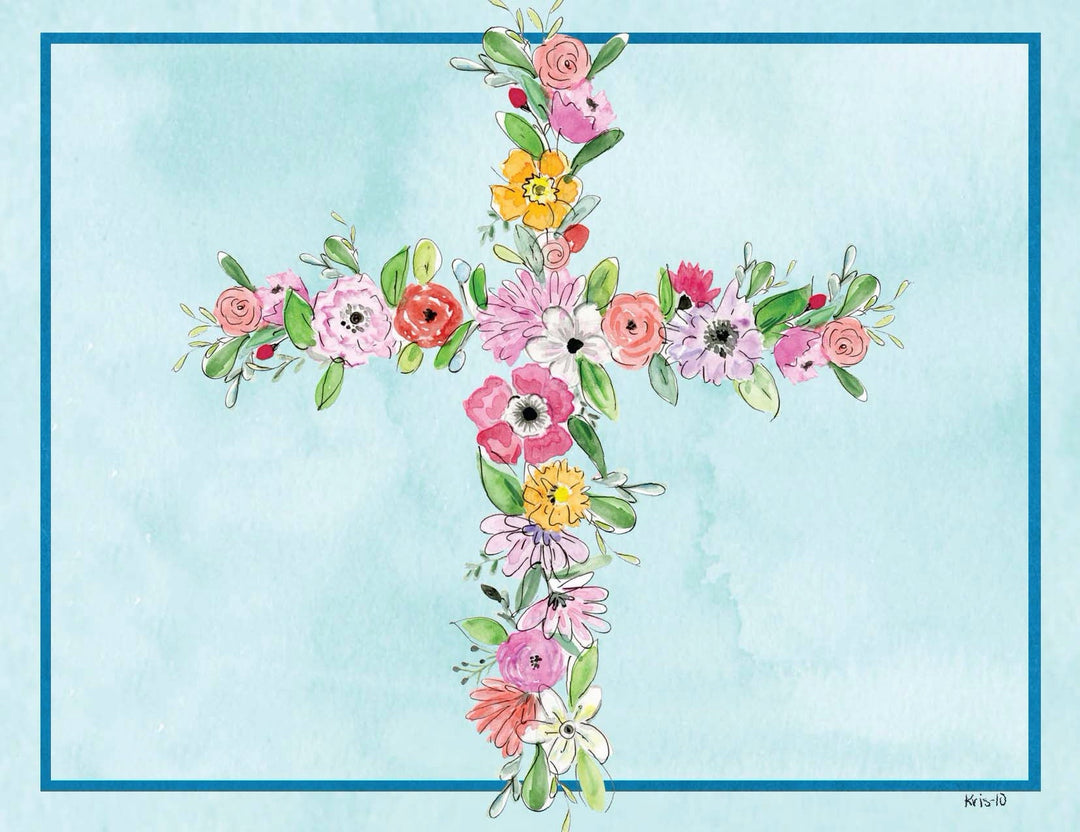 Floral Cross boxed note card set with clear packaging showing A2 size cards featuring scripture on the top flap.